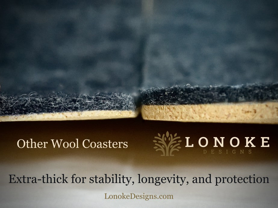 Wool coaster with Lonoke Designs branding and text about the thickness and quality of their coasters.