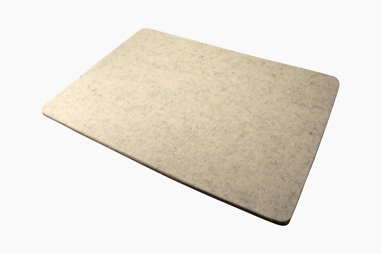 A white rectangular wool mouse pad with a cork backing.
