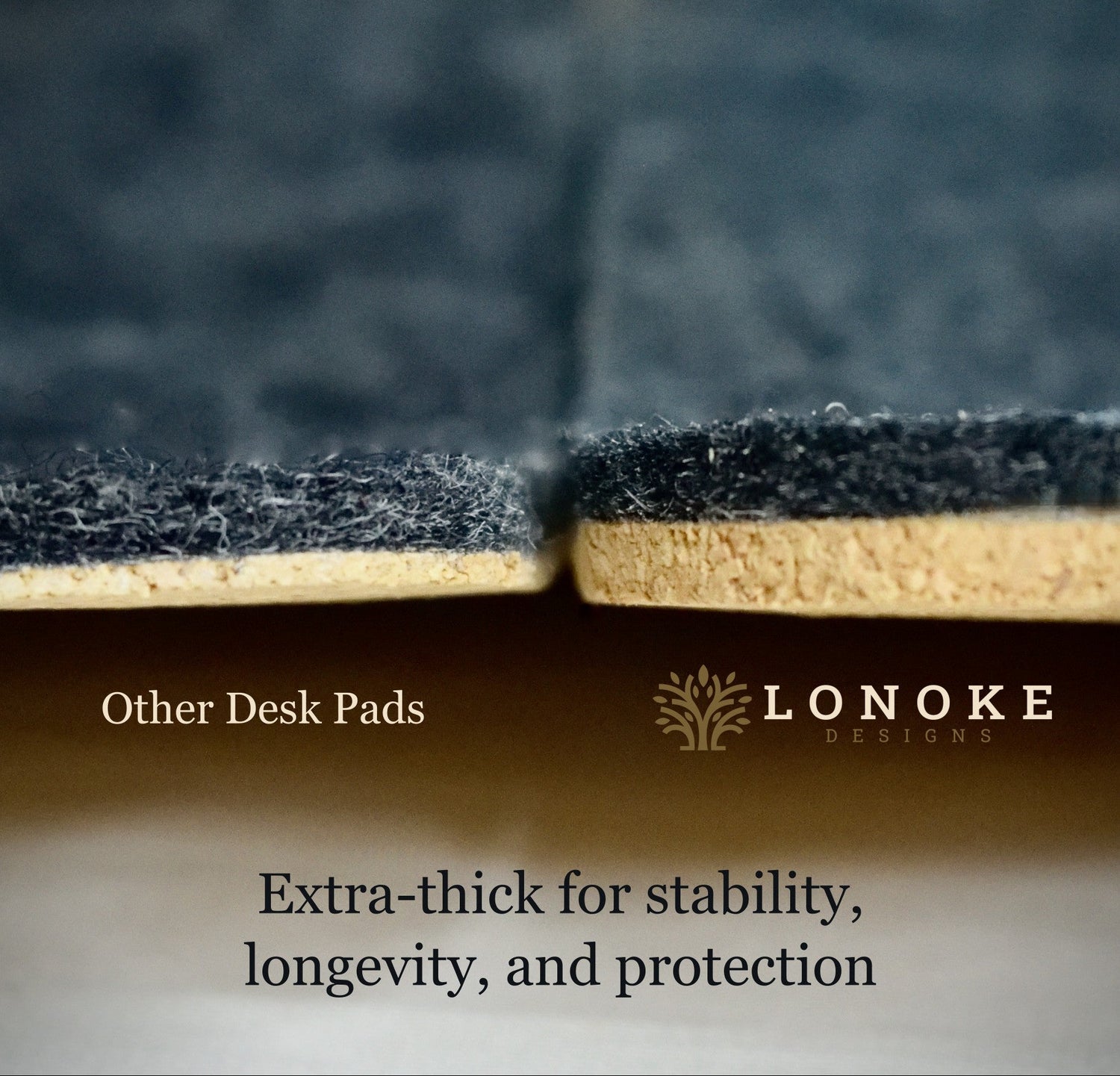 Comparison of Lonoke Design desk pad thickness with other pads, emphasizing stability and protection.