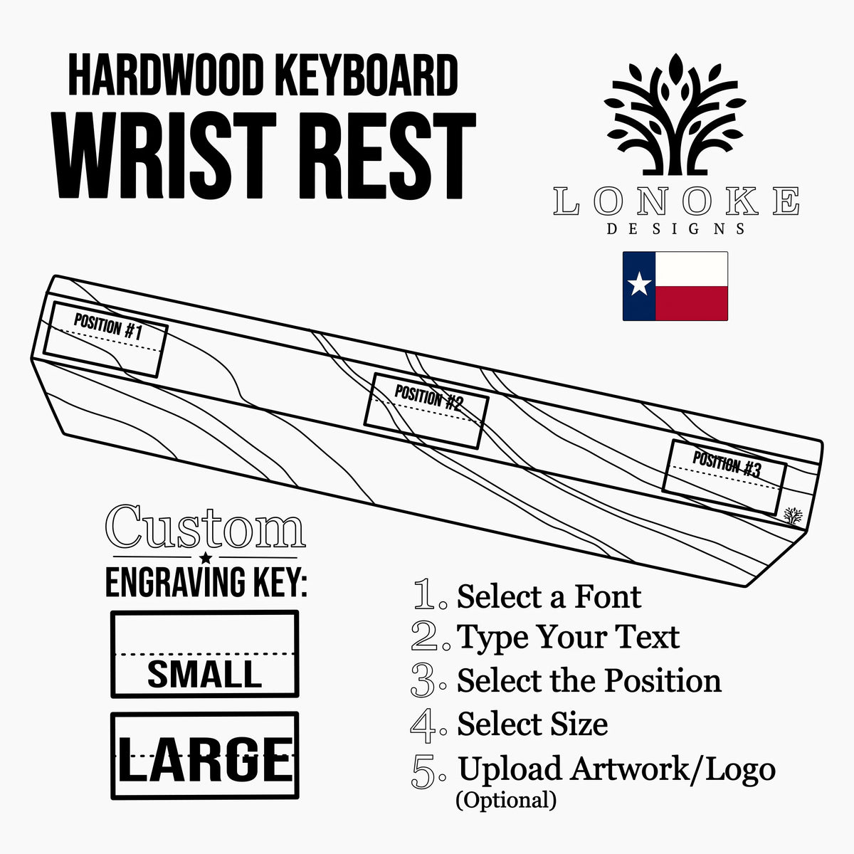 Lonoke Designs Hardwood Keyboard Wrist Rest custom engraving diagram that features engraving input, sizing, and positioning instructions.