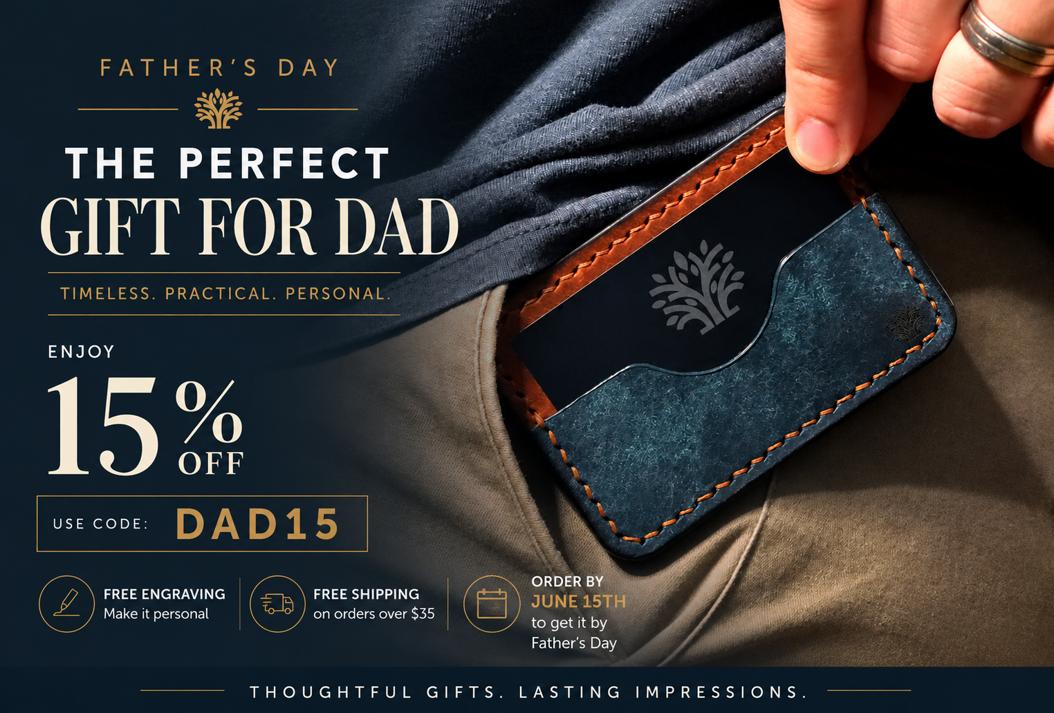 Promotional Father's Day advertisement for a leather cardholder with a discount offer.