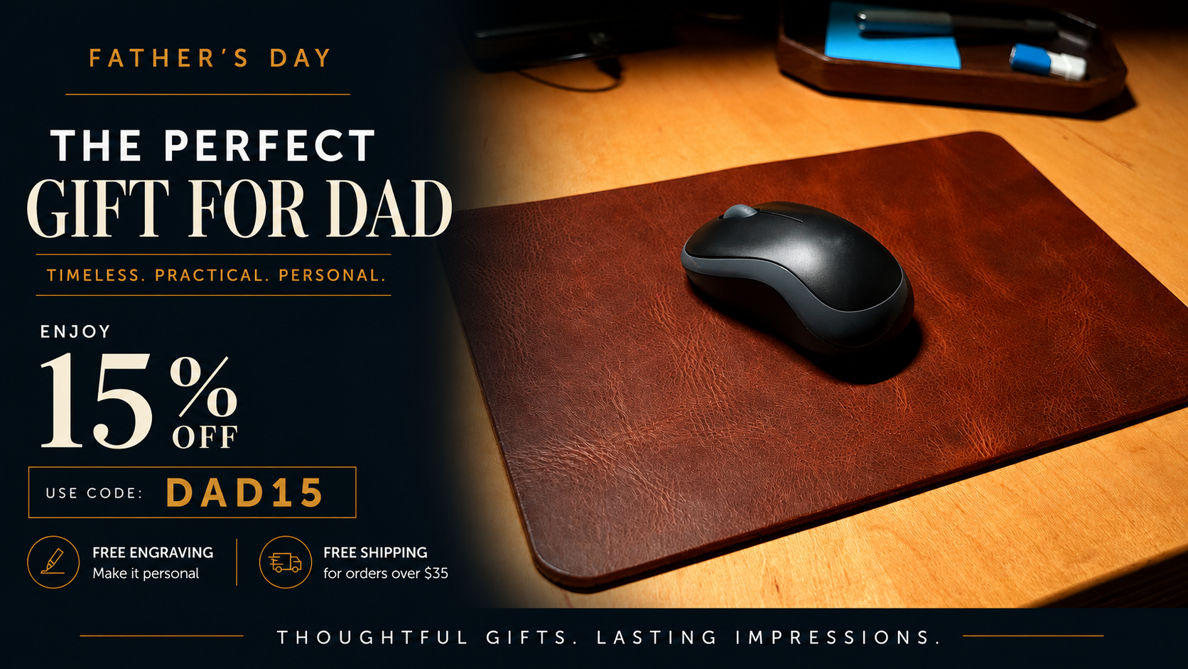Brown leather mouse pad with a black mouse on a wooden surface, Father's Day gift advertisement for Lonoke Designs.
