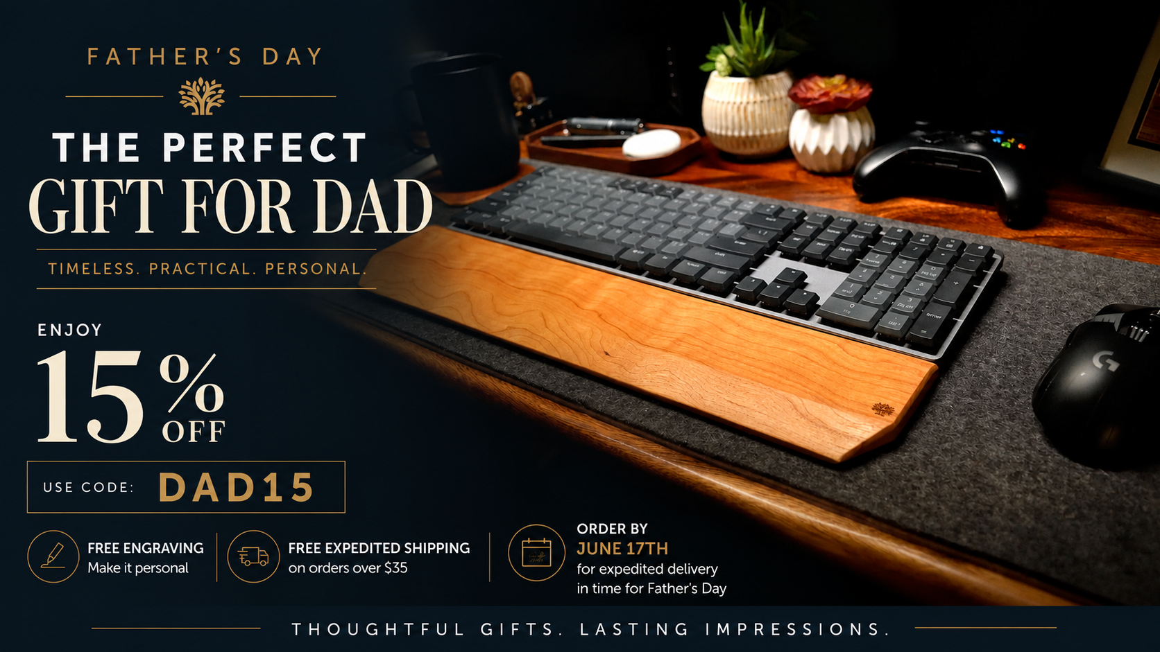 Lonoke Designs' Cherry Keyboard wrist rest with mechanical keyboard on a desk with Father's Day gift promotion text overlay.