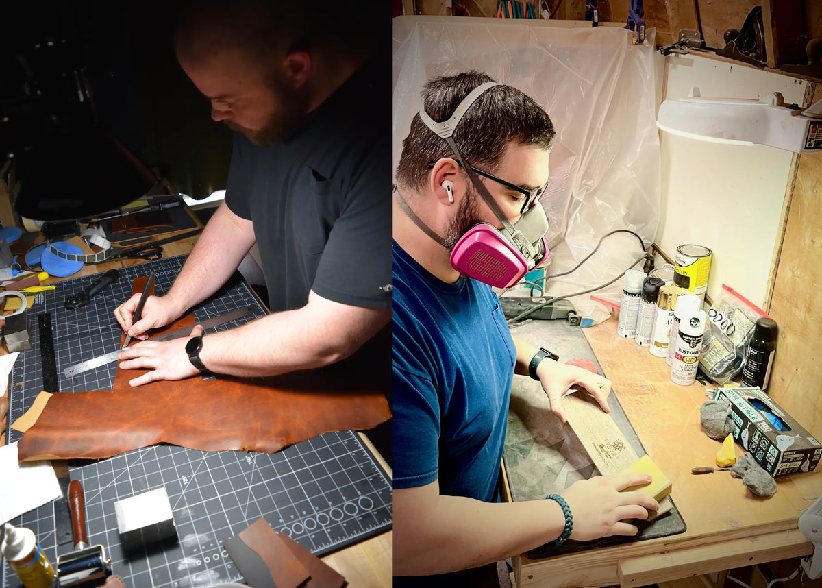 A split-screen collage showing a craftsman working in a leatherworking shop. The left panel shows him measuring a piece of brown leather.