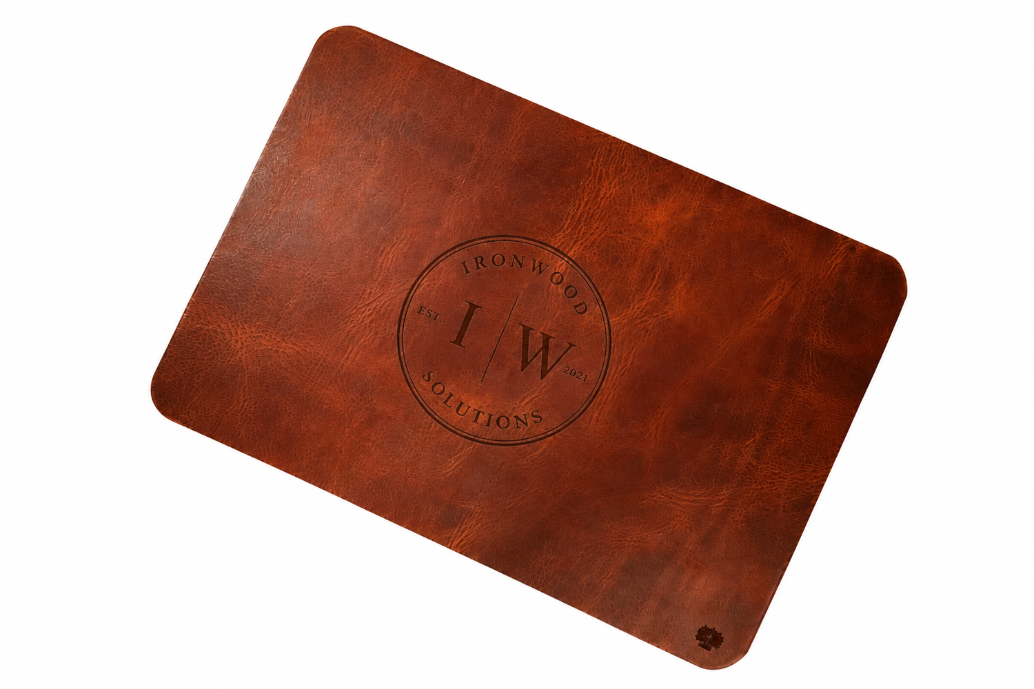 Brown leather placemat with 'IW' logo on a white background