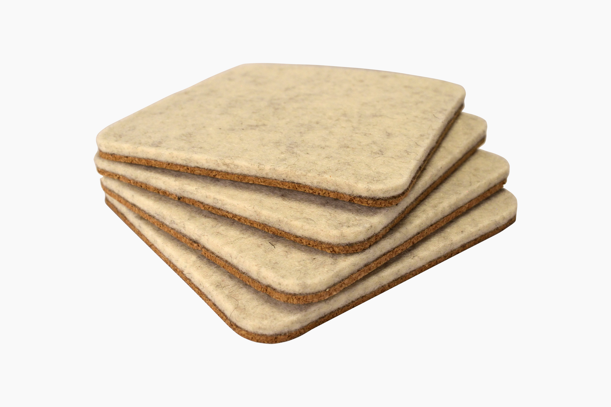 A set of square white wool coasters with a cork backing.