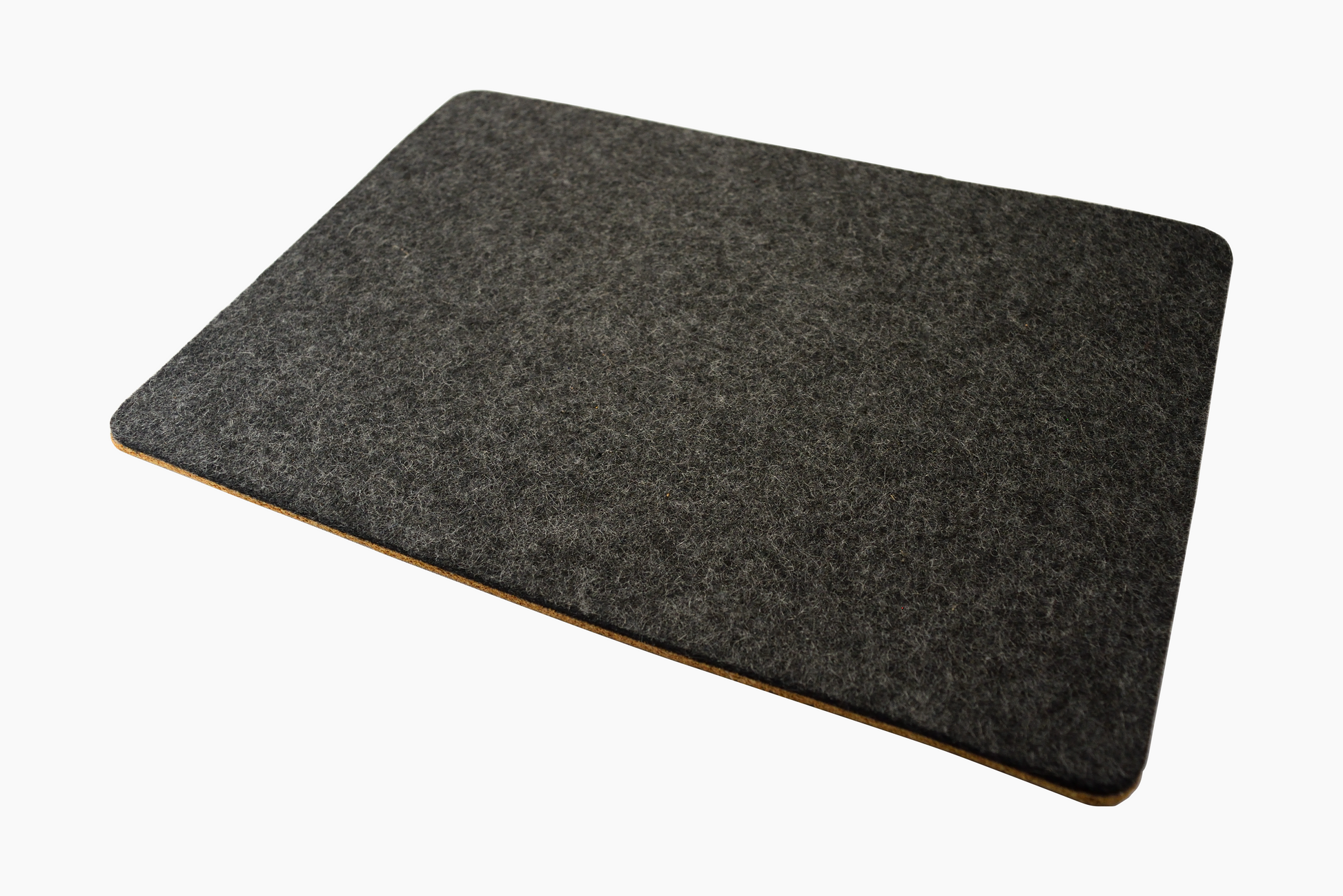 A rectangular mouse pad with a charcoal gray color, made from wool felt with cork backing.