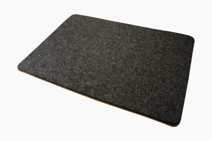 A rectangular mouse pad with a charcoal gray color, made from wool felt with cork backing.