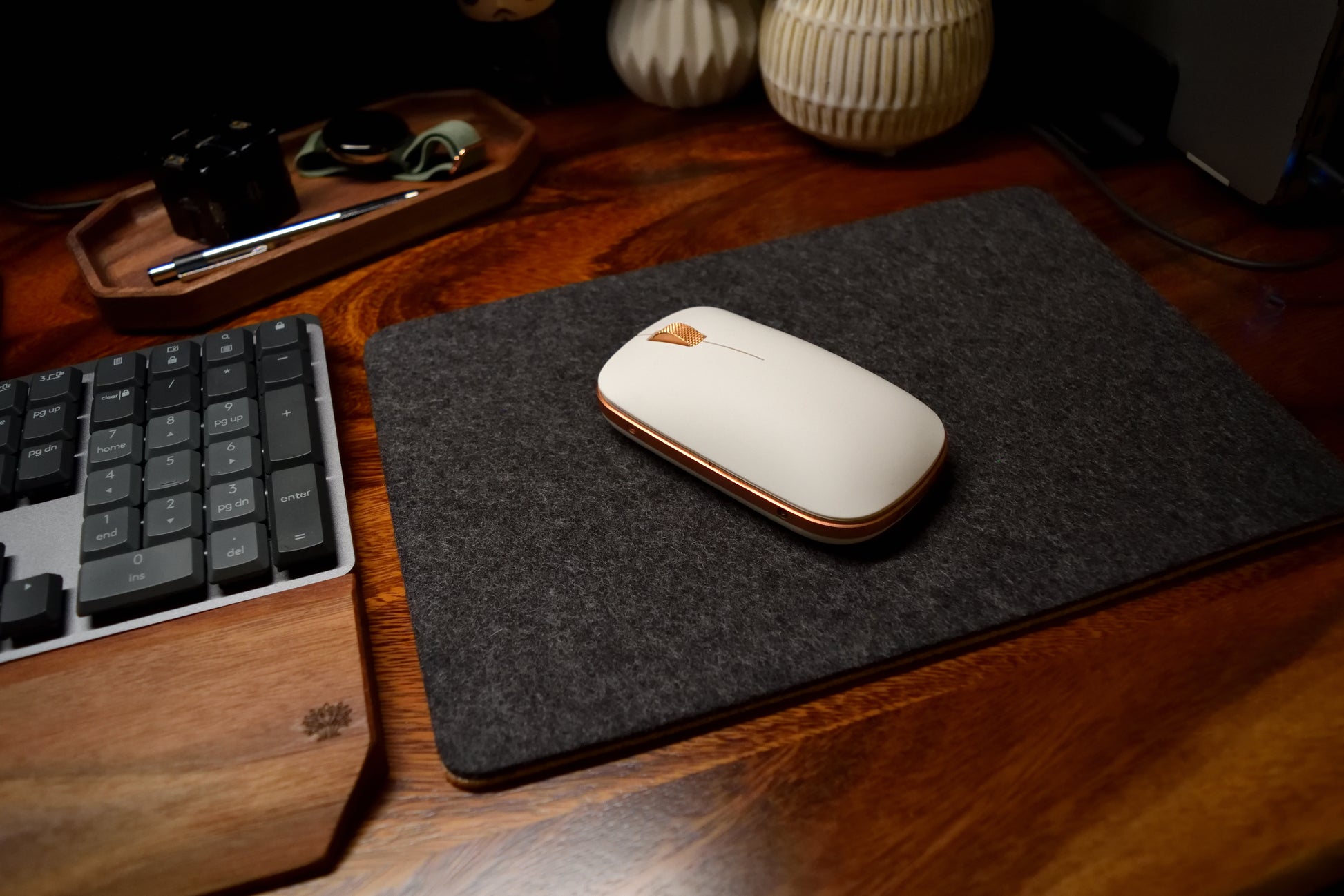 Charcoal Wool Mouse Pad on wood desk with mouse and keyboard