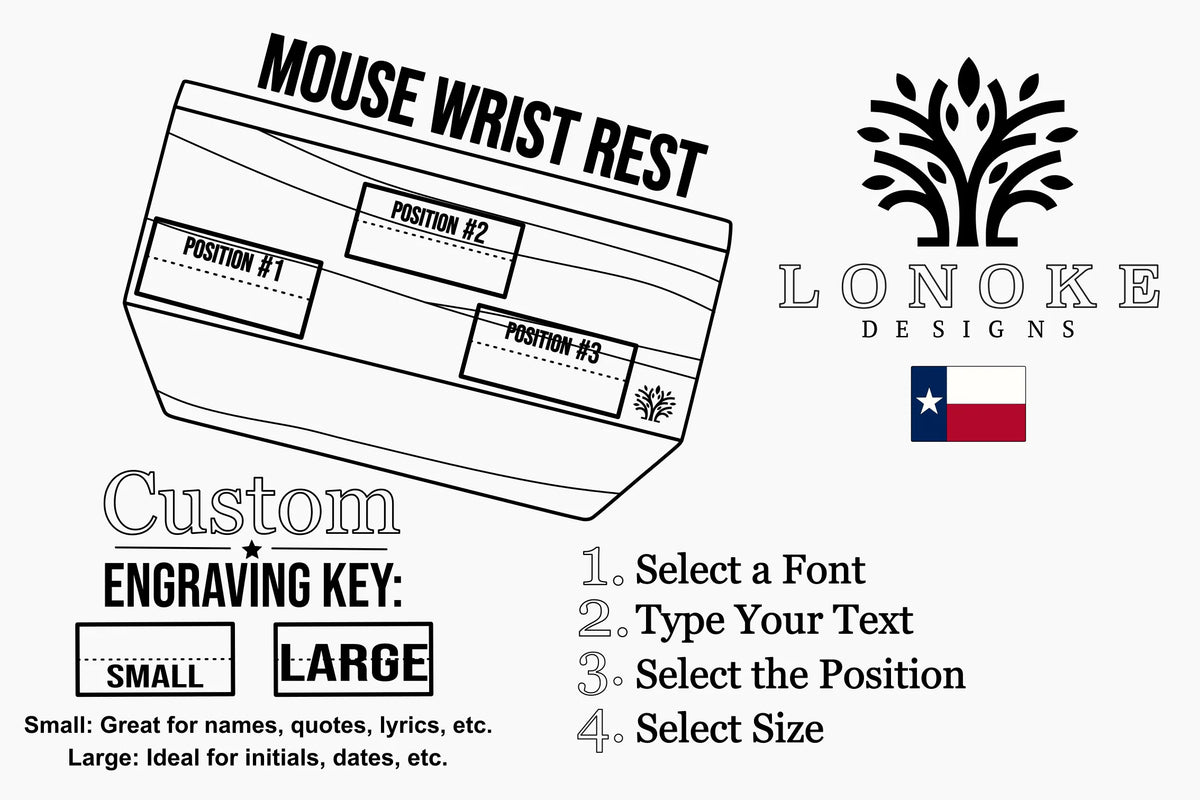 A black-and-white laser engraving diagram of a 'Mouse Wrist Rest' by Lonoke Designs, showing labeled positions for engraving. The graphic includes the Lonoke Designs logo with a Texas flag, a 'Custom Engraving Key' section with options for Small and Large, and a numbered list explaining how to use the engraving key.