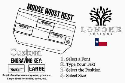 A black-and-white laser engraving diagram of a 'Mouse Wrist Rest' by Lonoke Designs, showing labeled positions for engraving. The graphic includes the Lonoke Designs logo with a Texas flag, a 'Custom Engraving Key' section with options for Small and Large, and a numbered list explaining how to use the engraving key.