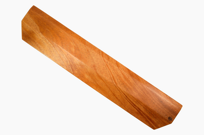 A Lonoke Designs Mahogany wood mechanical keyboard wrist rest top down angle on a solid white background.