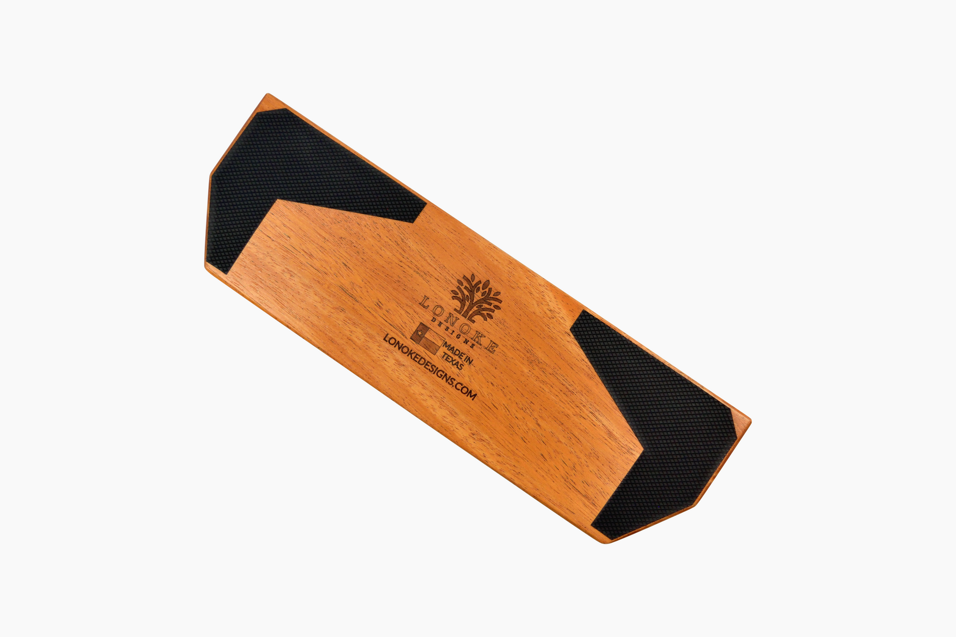 Back view of African Mahogany hardwood wrist rest with Lonoke Designs engraving and rubber grips, handcrafted in Texas.