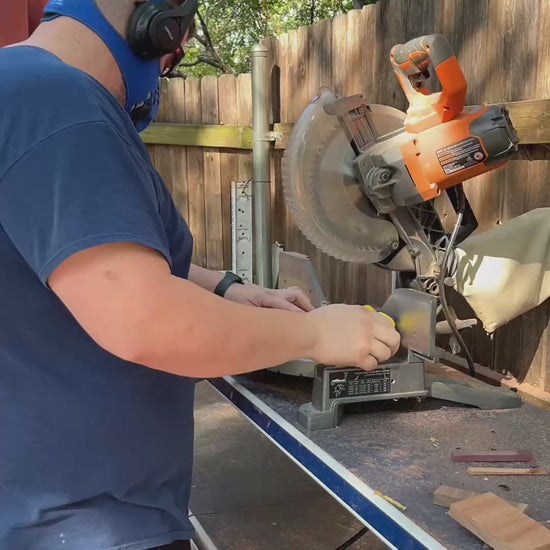 Video of the manufacturing process of the Lonoke Designs' mechanical keyboard wrist rest. Includes walnut, oak, and purpeheart being cut on a miter saw.